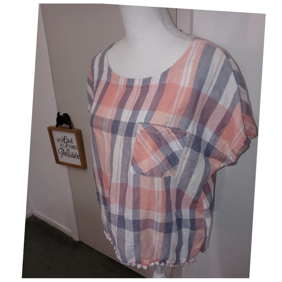 Neutral Check Print Linen Cotton Blend Gray White Peach Orange Top Size Large● - Picture 4 of 16